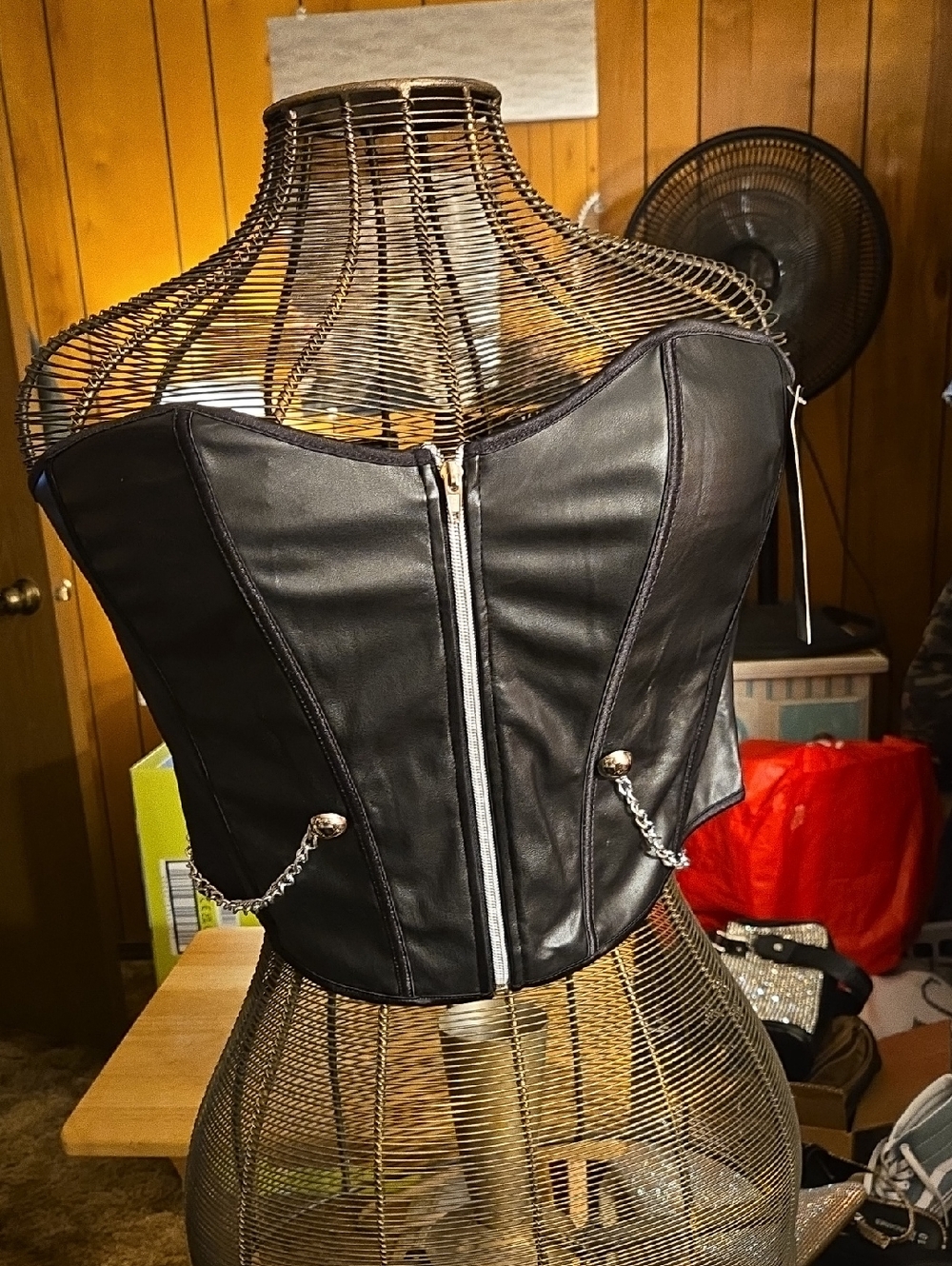 Forever 21 Black Faux Leather Corset Top with Silver Chain Detail